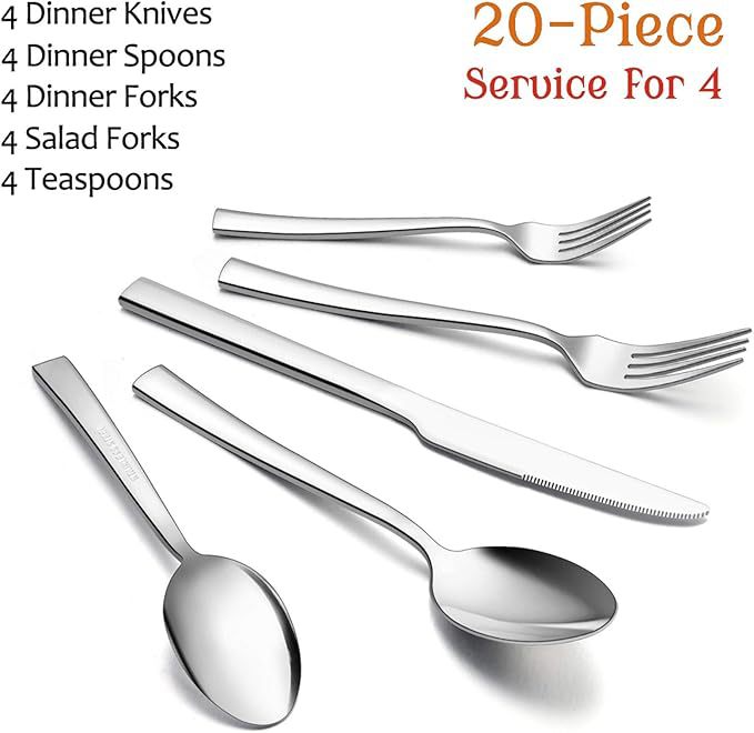 20-Piece Stainless Steel Cutlery Set with Square Handles for Dining & Dessert