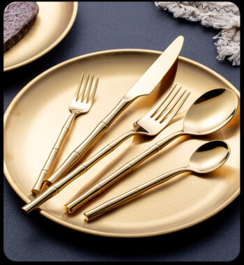 304 Stainless Steel Bamboo Stick Handle Cutlery Set - Steak Knife, Fork, Spoon