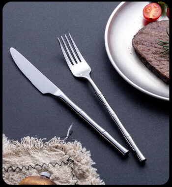 304 Stainless Steel Bamboo Stick Handle Cutlery Set - Steak Knife, Fork, Spoon