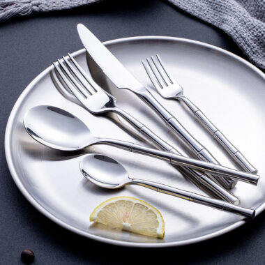 304 Stainless Steel Bamboo Stick Handle Cutlery Set - Steak Knife, Fork, Spoon