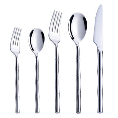 304 Stainless Steel Bamboo Stick Handle Cutlery Set - Steak Knife, Fork, Spoon