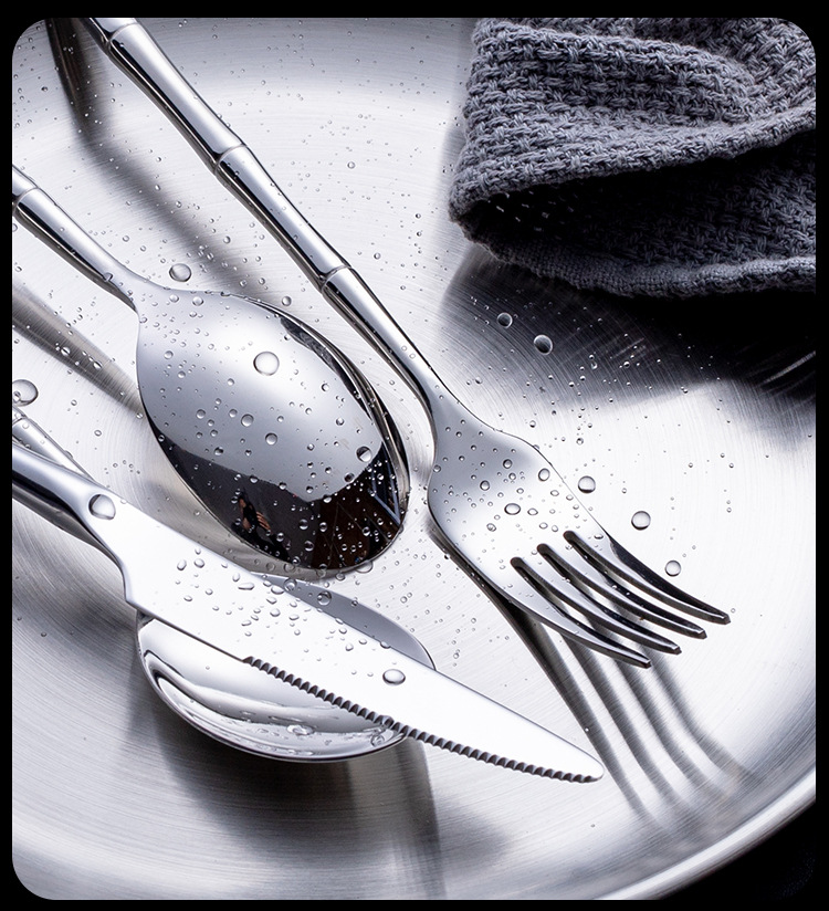 304 Stainless Steel Bamboo Stick Handle Cutlery Set - Steak Knife, Fork, Spoon