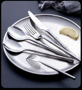 304 Stainless Steel Bamboo Stick Handle Cutlery Set - Steak Knife, Fork, Spoon