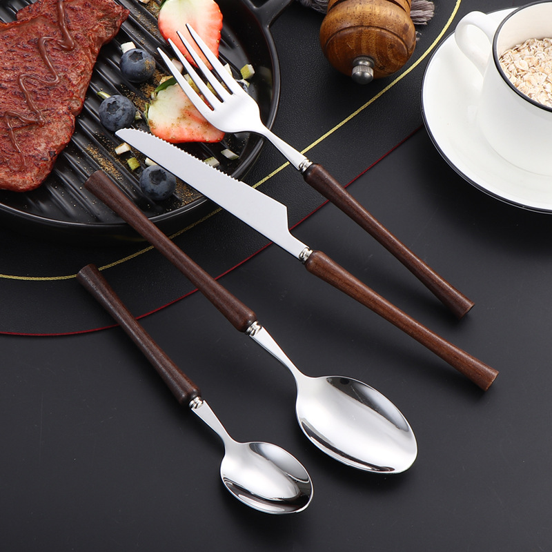 4-Piece 304 Stainless Steel Cutlery Set with Curved Wooden Handles for Steak and Dessert