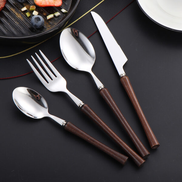 4-Piece 304 Stainless Steel Cutlery Set with Curved Wooden Handles for Steak and Dessert