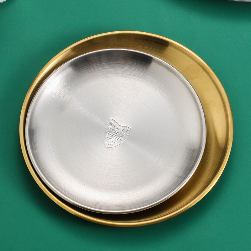 Gold round Korean style 304 stainless steel plate for BBQ, steak, and home use
