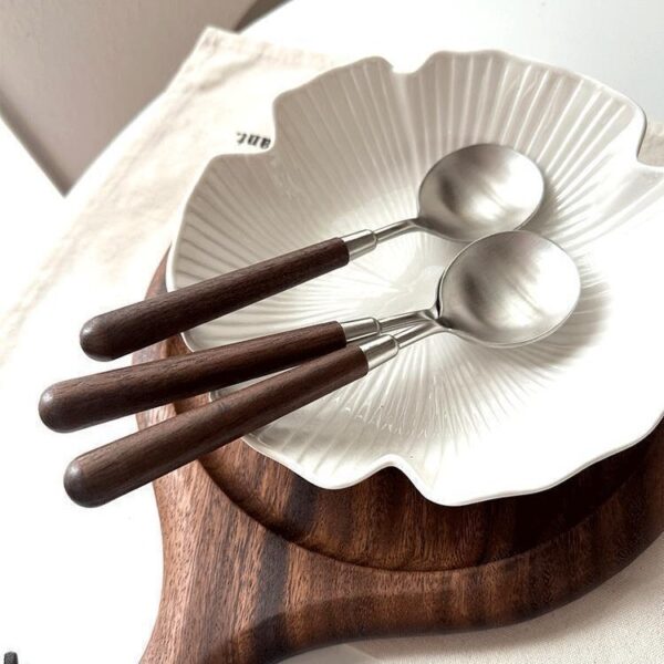 304 Stainless Steel Soup Spoon and Fork Set with Walnut Wood Handle – Vintage Japanese-Style