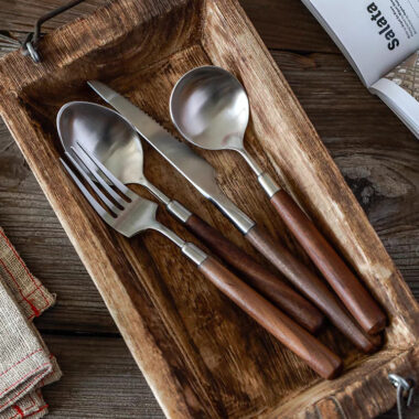  Walnut Wood Handle Stainless Steel Cutlery Set – Brushed Steak Knife, Fork, Spoon, Dessert Spoon