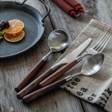  Walnut Wood Handle Stainless Steel Cutlery Set – Brushed Steak Knife, Fork, Spoon, Dessert Spoon