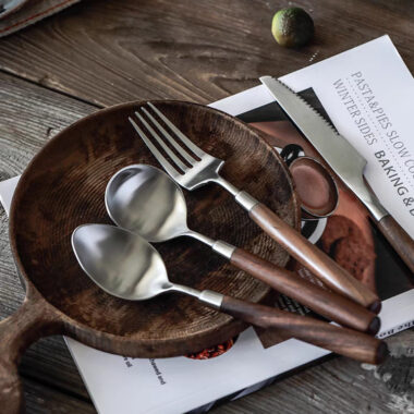  Walnut Wood Handle Stainless Steel Cutlery Set – Brushed Steak Knife, Fork, Spoon, Dessert Spoon