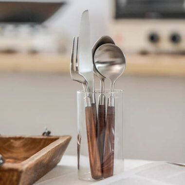  Walnut Wood Handle Stainless Steel Cutlery Set – Brushed Steak Knife, Fork, Spoon, Dessert Spoon