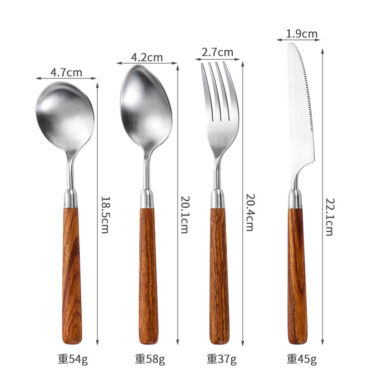  Walnut Wood Handle Stainless Steel Cutlery Set – Brushed Steak Knife, Fork, Spoon, Dessert Spoon
