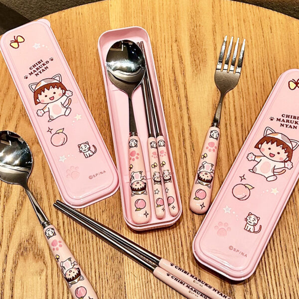 Cute Cherry Maruko stainless steel & ceramic cutlery set in a 3-piece box