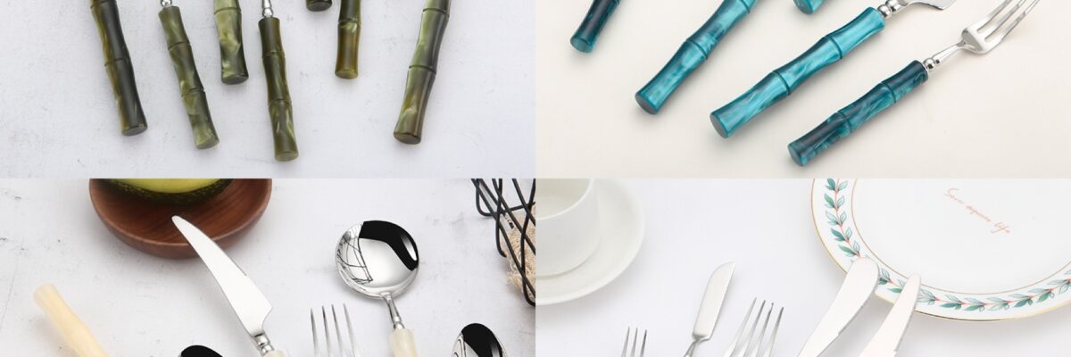 8-piece stainless steel cutlery set with bamboo-style acrylic handles