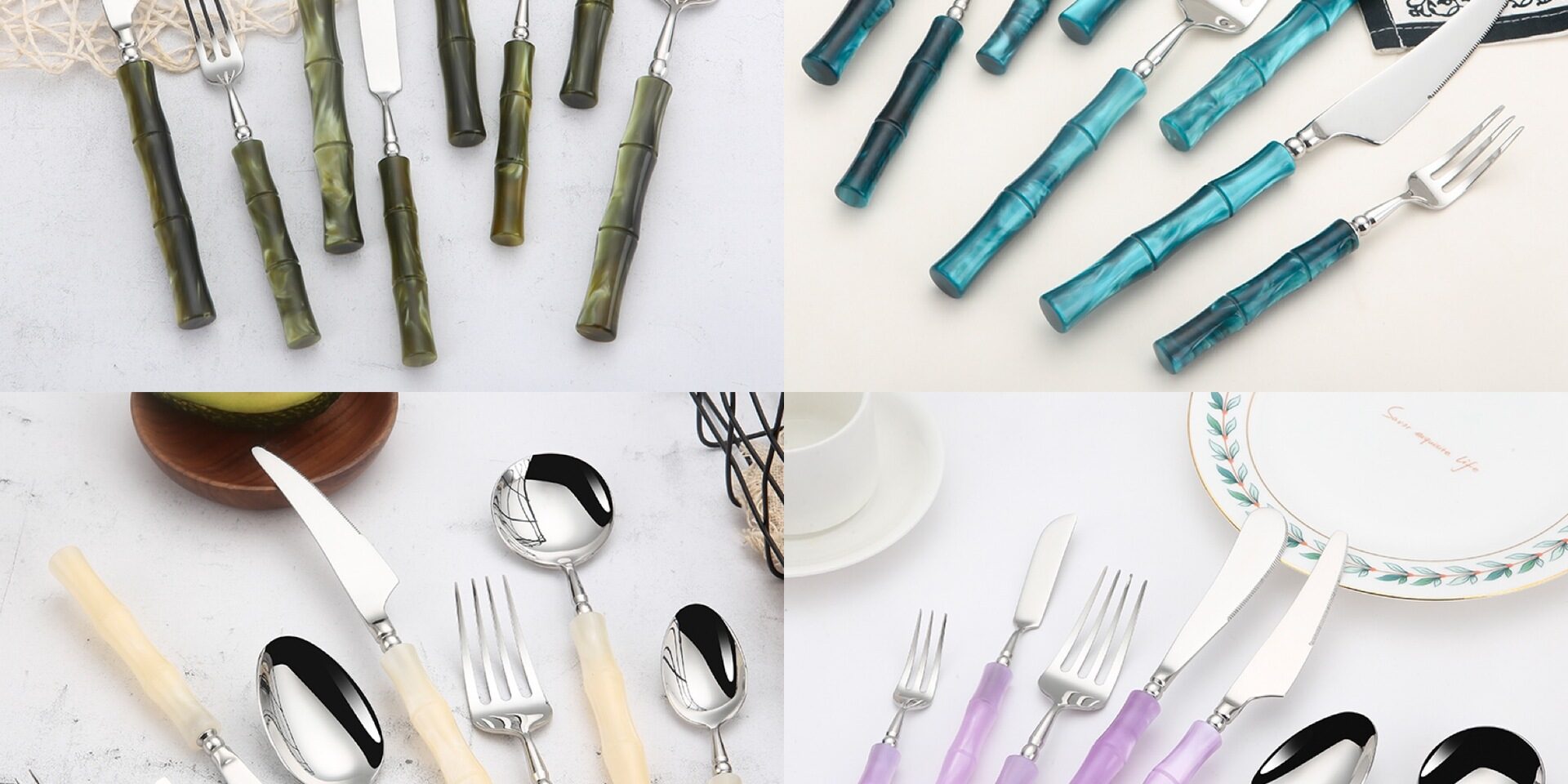 8-piece stainless steel cutlery set with bamboo-style acrylic handles