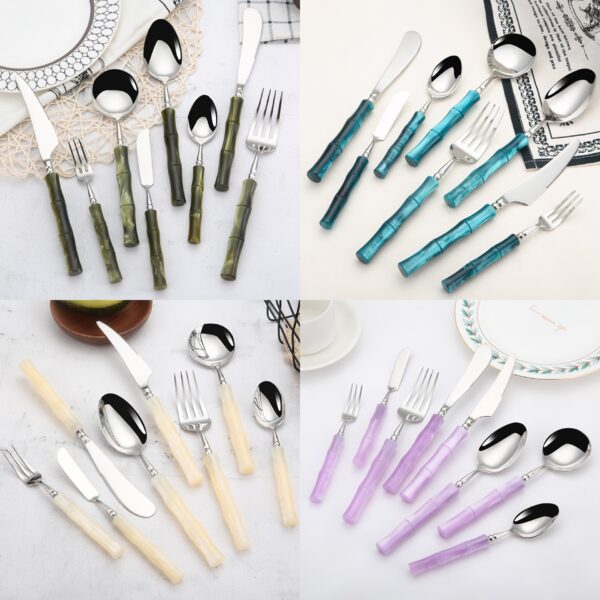 Creative Bamboo Acrylic Handle Stainless Steel Cutlery Set – 8 Piece Dining Flatware (7) 8-piece stainless steel cutlery set with bamboo-style acrylic handles
