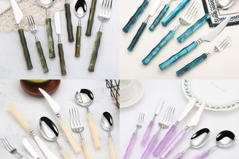 Creative Bamboo Acrylic Handle Stainless Steel Cutlery Set – 8 Piece Dining Flatware (7) 8-piece stainless steel cutlery set with bamboo-style acrylic handles