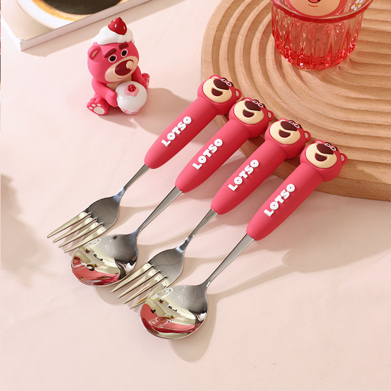 Disney Strawberry Bear 304 Stainless Steel Spoon and Fork Set – Cute Baby Mealtime Utensils