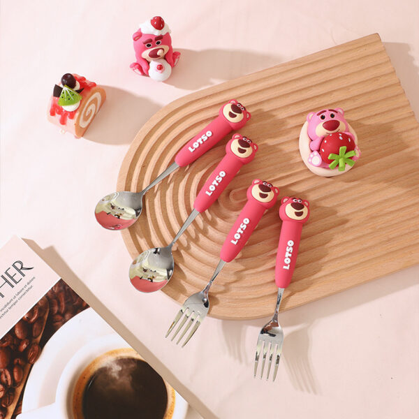 Disney Strawberry Bear 304 Stainless Steel Spoon and Fork Set – Cute Baby Mealtime Utensils