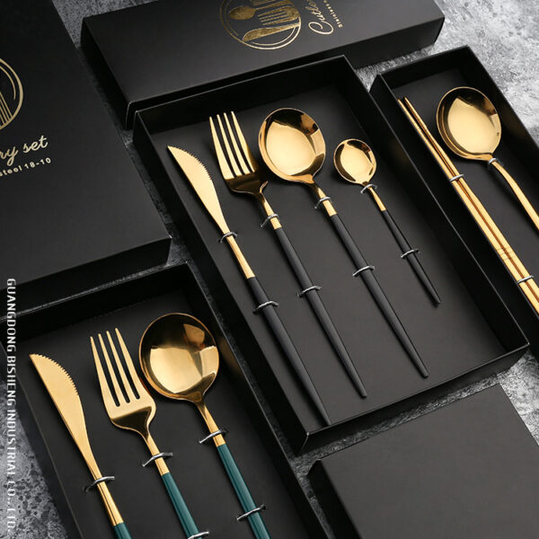 Portuguese style stainless steel cutlery set with gold and black finish