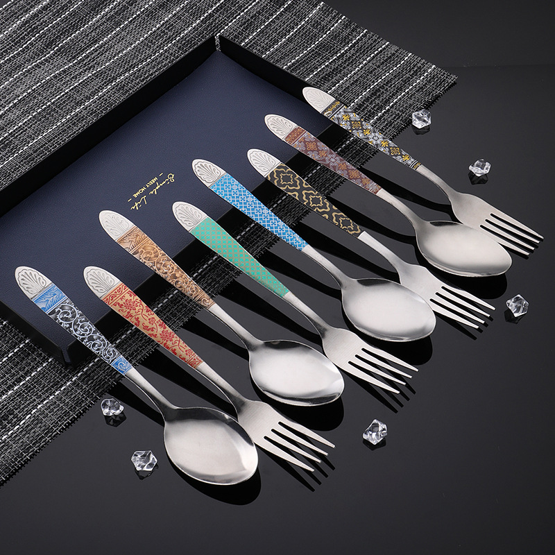 Vintage Pattern Stainless Steel Spoon Fork Chopsticks Set for Dessert and Fruit
