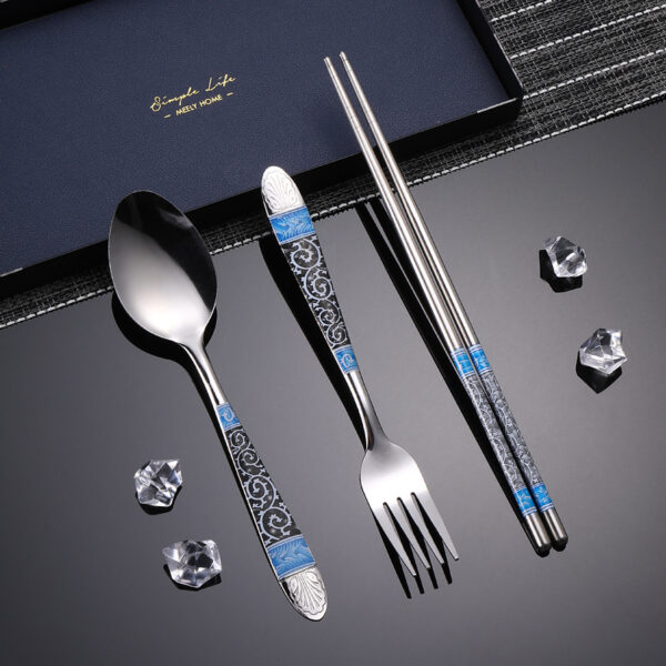 Vintage Pattern Stainless Steel Spoon Fork Chopsticks Set for Dessert and Fruit