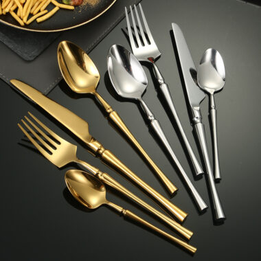 Heavy-Duty 304 Stainless Steel Cutlery Set – Gold Mirror Finish Steak Knives, Forks, and Spoons for Hotels & Restaurants