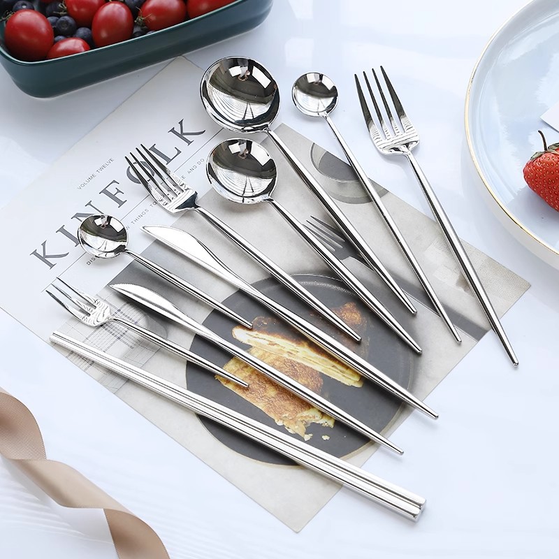 Nordic-Inspired 304 Stainless Steel Mirror Finish Silver Cutlery Set – Knife, Fork, Spoon & Chopsticks