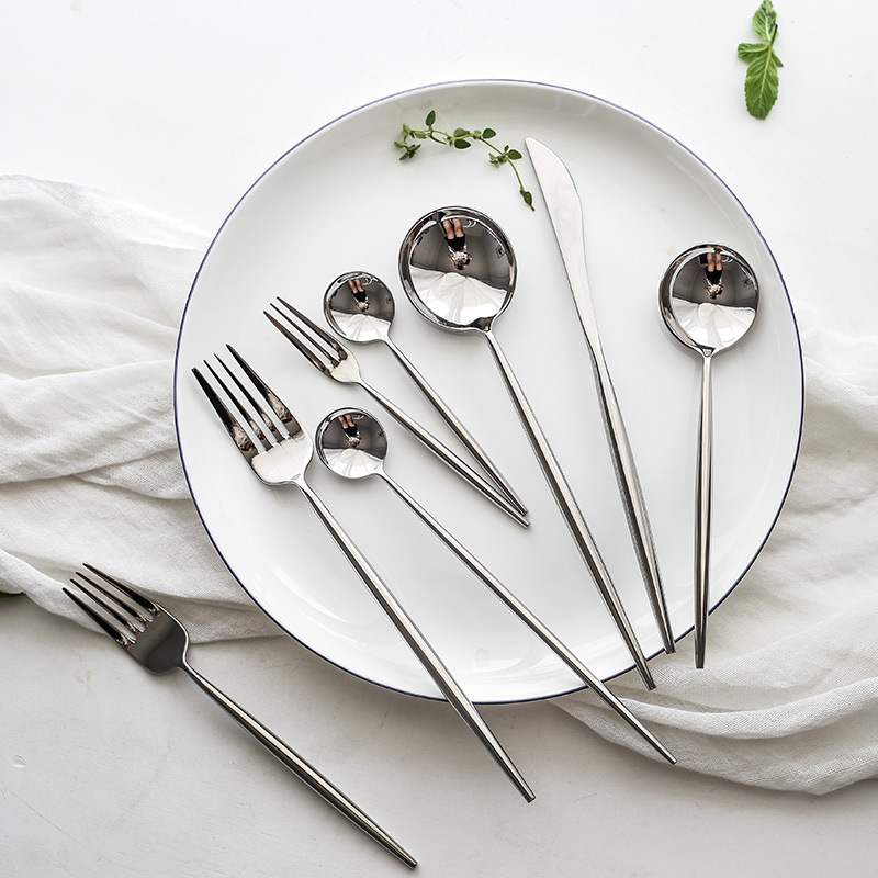 Nordic-Inspired 304 Stainless Steel Mirror Finish Silver Cutlery Set – Knife, Fork, Spoon & Chopsticks