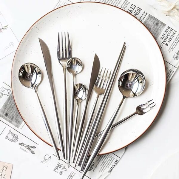 Nordic-Inspired 304 Stainless Steel Portuguese Mirror Finish Silver Western Cutlery Se (4) Nordic-Inspired 304 Stainless Steel Mirror Finish Silver Cutlery Set – Knife, Fork, Spoon & Chopsticks