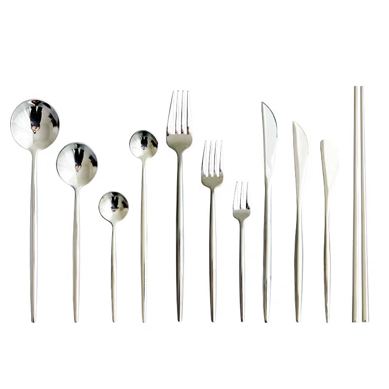 Nordic-Inspired 304 Stainless Steel Mirror Finish Silver Cutlery Set – Knife, Fork, Spoon & Chopsticks