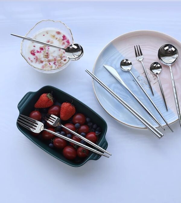 Nordic-Inspired 304 Stainless Steel Mirror Finish Silver Cutlery Set – Knife, Fork, Spoon & Chopsticks