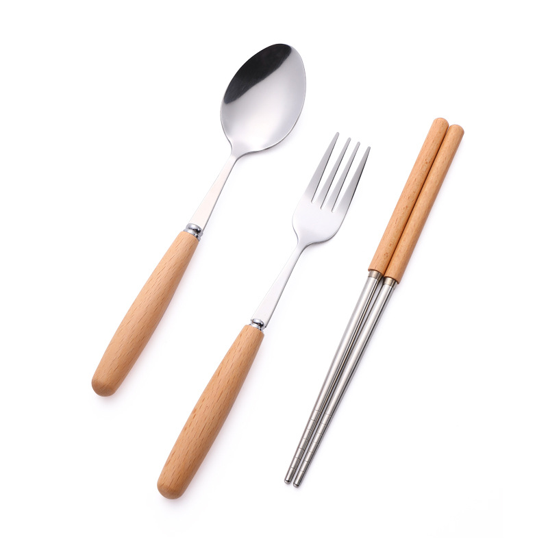 Portable stainless steel cutlery set with wooden handle for students
